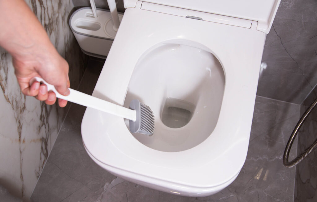 someone holding a rubber toilet wand cleaner trying after cleaning limescale off of their toilet